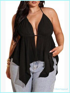 Plus Size Halter Top Tie Back Backless Sleeveless Asymmetrical Hem Summer
